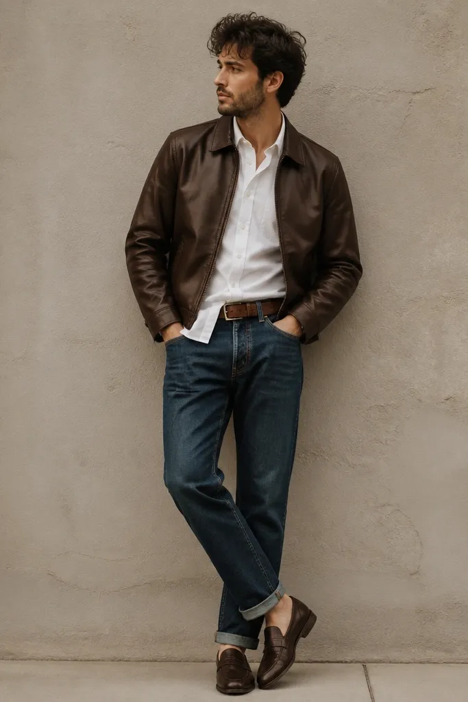 A brown leather jacket over a crisp white button-up shirt, half-tucked into mid-wash selvedge denim. A brown leather belt is visible, with minimalist footwear.
