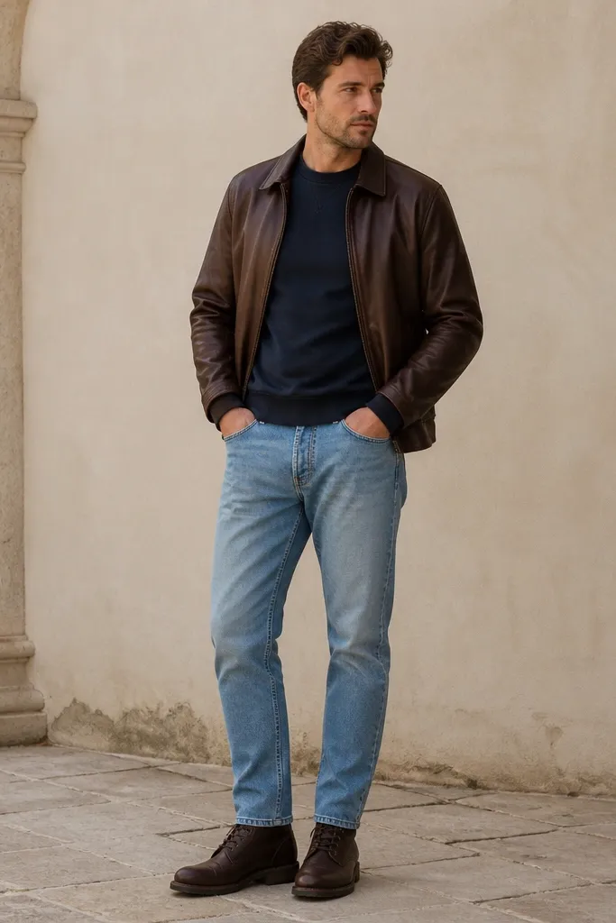 A brown leather jacket over a navy crewneck sweatshirt, light blue denim jeans, and dark brown lace-up boots. The jacket is worn open, with a crisp, simple palette.