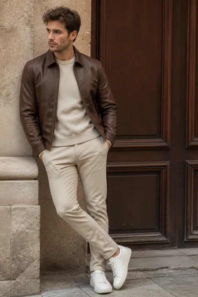 A brown leather jacket over a beige knit crew sweater, sand-colored chinos, and white leather sneakers. The overall look is monochrome-adjacent with soft contrast.