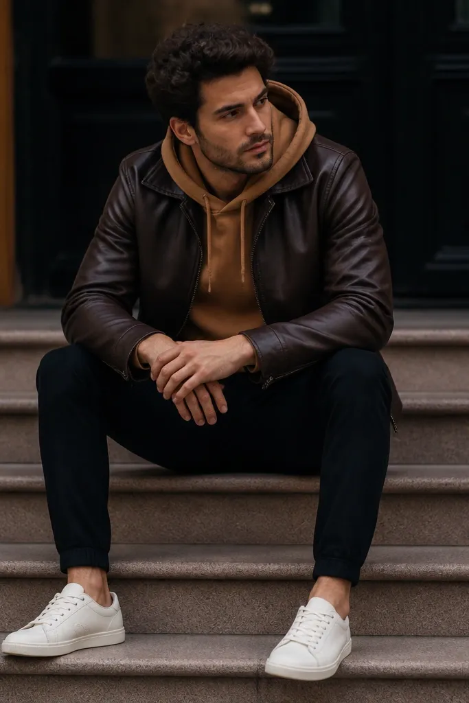 A darker brown leather jacket worn over a caramel hoodie, paired with black joggers that look tailored (not baggy). Minimal sneakers, no loud logos.