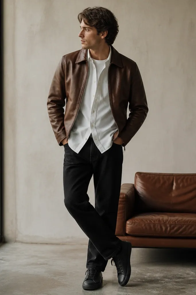 A brown leather jacket worn over a white overshirt, with black denim jeans and black low-top sneakers. The outfit is monochrome with a brown accent.
