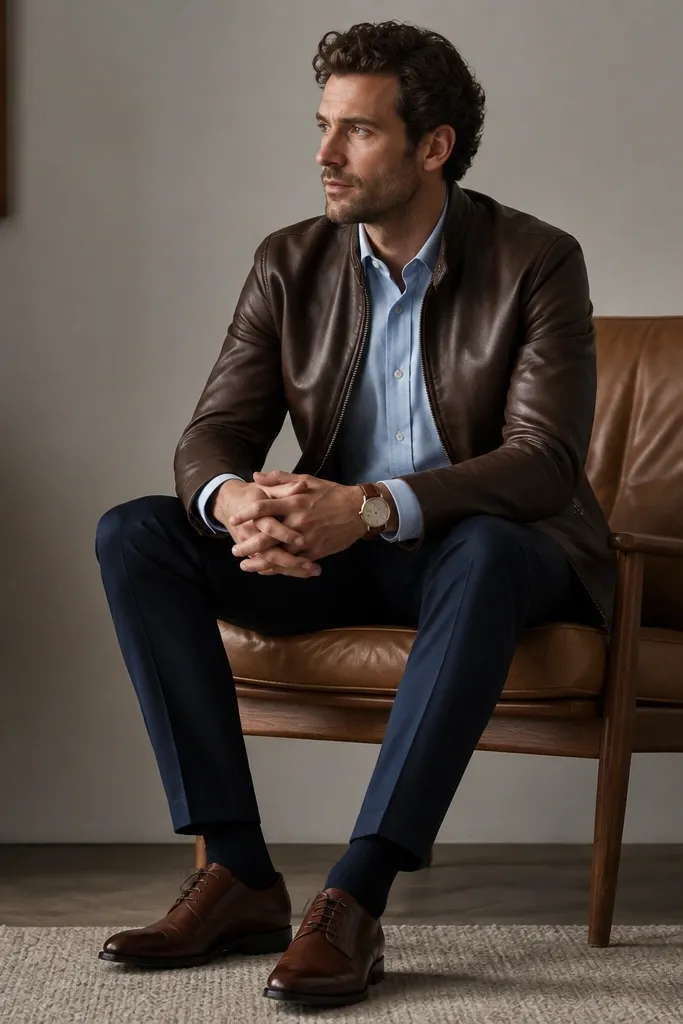 A brown leather jacket worn over a light blue Oxford shirt, paired with navy trousers and polished leather shoes. A brown leather watch strap is visible.
