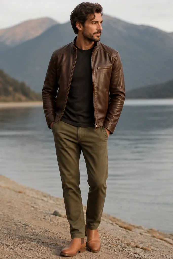 A brown leather jacket over a charcoal crew T-shirt, olive chinos, and tan leather minimal boots. The look is earthy and balanced, with no loud patterns.