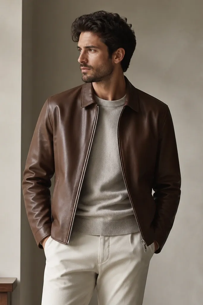 Modern Minimalist Brown Leather Jacket Outfit Men Looks