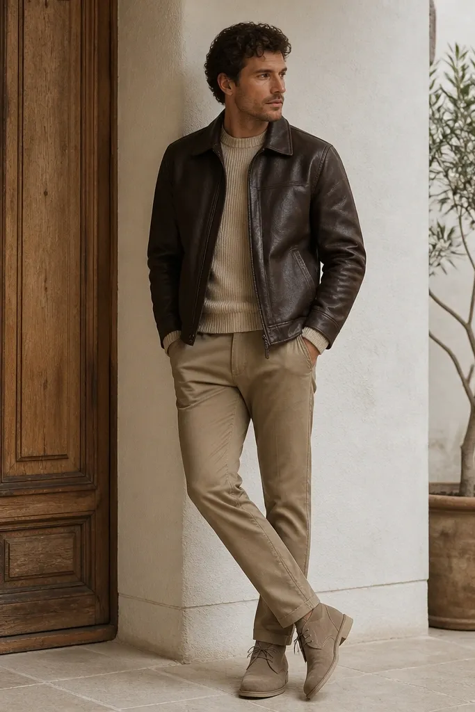 Dark brown leather jacket layered over an oatmeal ribbed sweater, paired with tapered tan chinos and suede desert boots in a warm taupe tone.