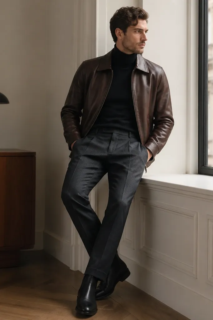 Dark brown leather jacket worn over a black turtleneck with charcoal wool trousers and black leather Chelsea boots; clean, tailored look.