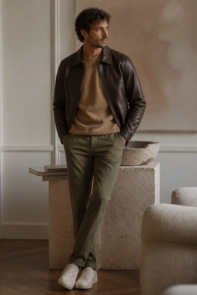 Dark brown leather jacket layered on a camel crewneck sweater, paired with olive straight-leg trousers and minimalist white/cream sneakers.