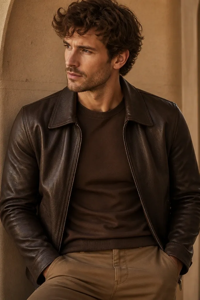 A dark brown leather jacket over a chocolate-brown tee, with tan pants in a lighter brown tone; overall brown-on-brown layering with no prints.