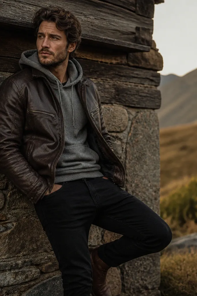 Dark brown leather jacket over a heather grey hoodie, black jeans, and slim brown leather boots; moody lighting.