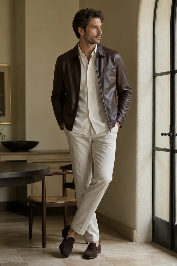 Dark brown leather jacket worn over a cream button-up, paired with light stone chinos and dark-brown loafers; polished casual setting.