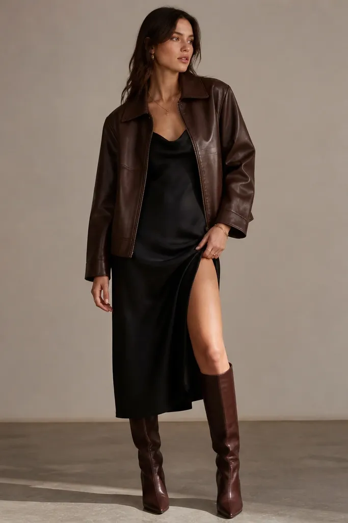 For a women’s outfit: dark brown leather jacket over a black slip dress, paired with knee-high boots and simple jewelry; neutral background.