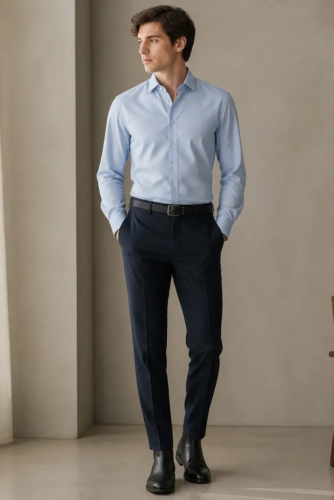 A light blue button-down tucked into dark navy tapered trousers, styled with black minimal Chelsea boots; the look includes a narrow black belt and no visible loud accessories.