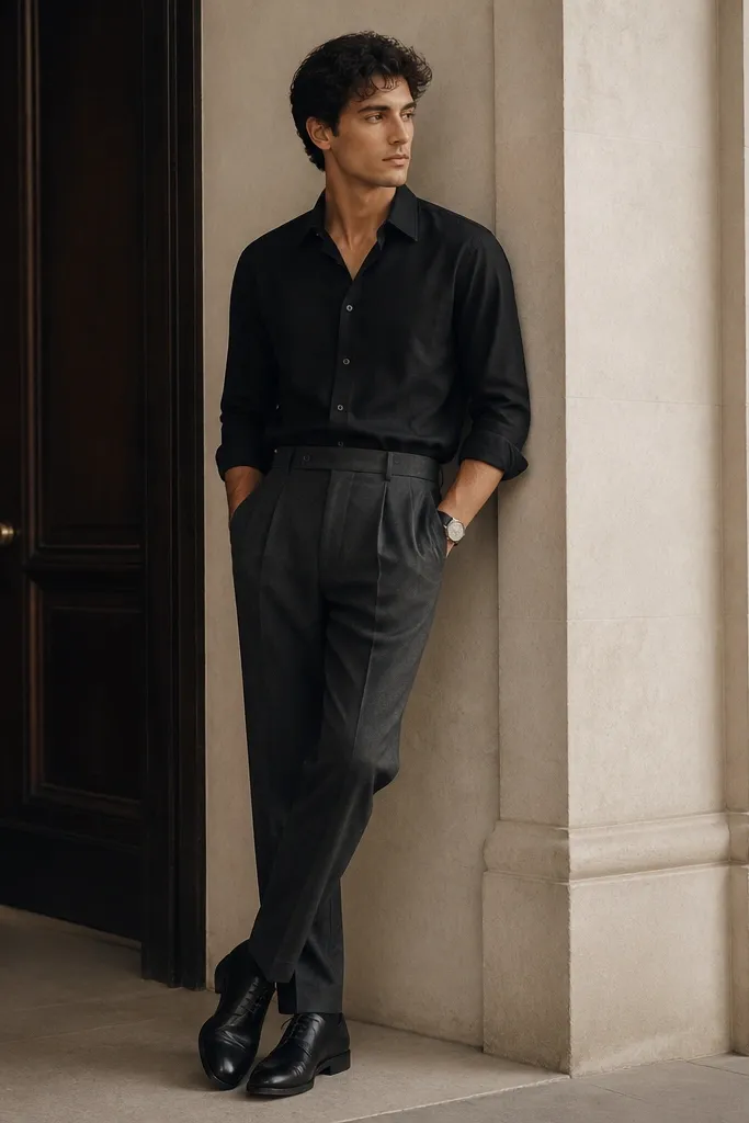 A black button-down tucked into charcoal pleated trousers with a black leather derby shoe visible; the outfit looks monochrome with a simple watch.
