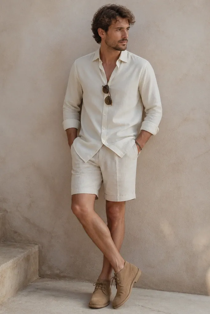 A cream button-down worn partially untucked over ecru linen shorts, paired with tan suede desert boots; a thin leather bracelet and sunglasses sit on the chest area.