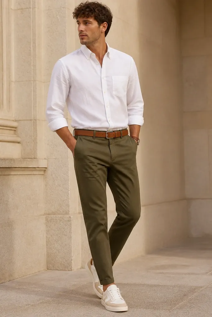 A white button-down tucked into olive chinos, finished with a cognac leather belt and low-profile sneakers in off-white with tan accents.