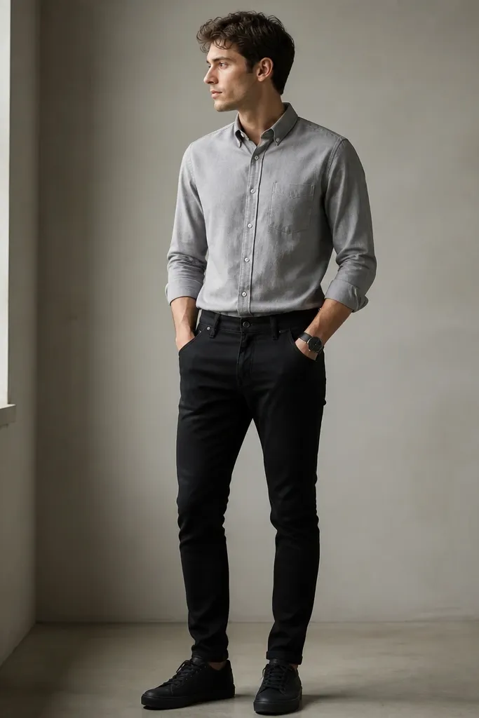 A grey oxford button-down tucked into black slim jeans, paired with matte black sneakers; the collar is neatly set with a minimal black watch.