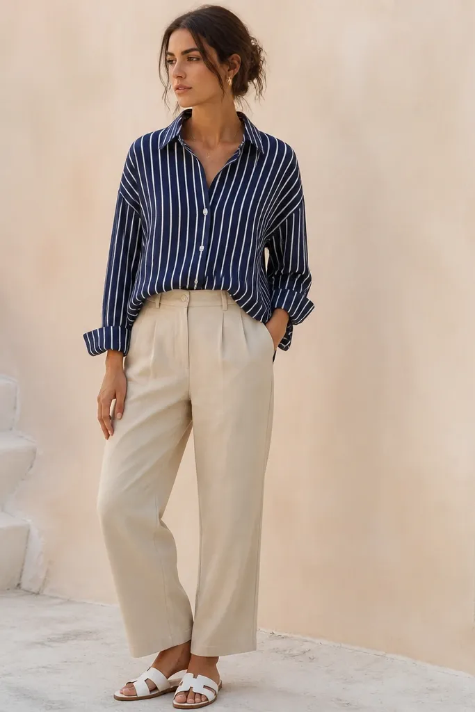 A navy striped button-down worn lightly tucked into beige trousers, paired with white leather slides; the scene shows a clean, airy summer palette.
