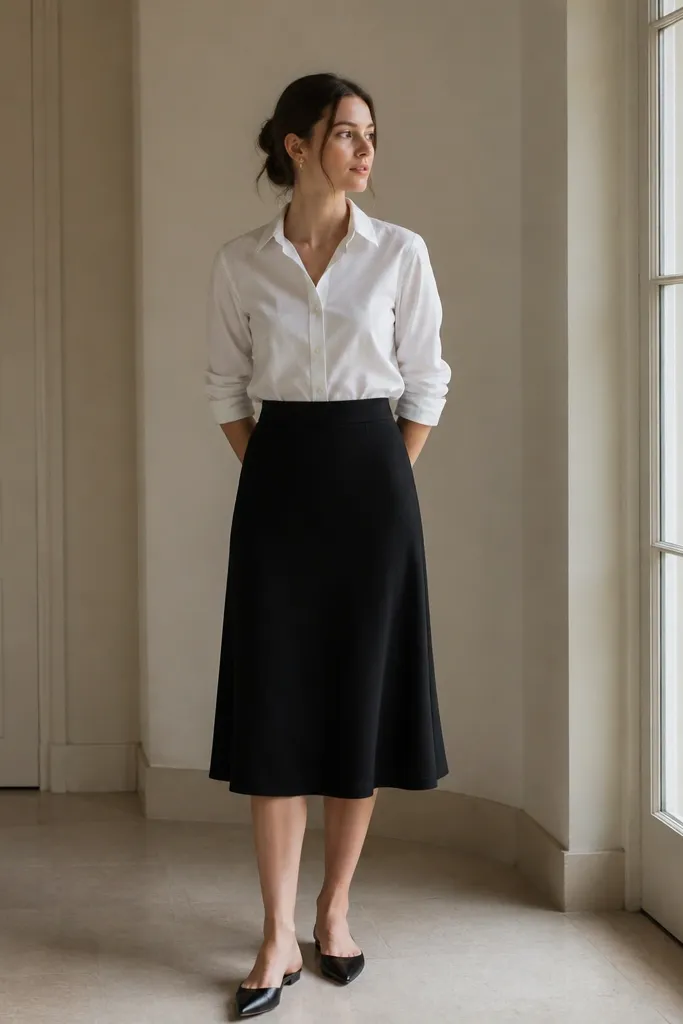 A white button-down worn tucked into a black midi skirt, paired with pointed-toe flats; the outfit shows a neat collar and a clean waistline.