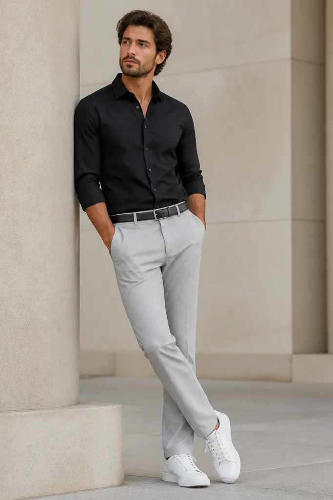 A black button-down tucked into light grey straight-leg pants, finished with a silver buckle belt and clean white sneakers.