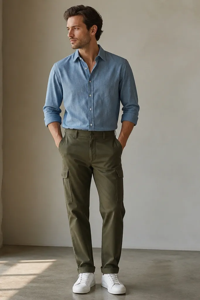 A chambray button-down with sleeves casually worn up, tucked into dark olive cargo trousers with minimal pockets, paired with white sneakers.