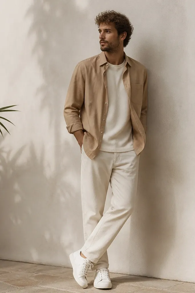 A tan button-down worn open over an ecru knit tee, paired with light neutral pants and white sneakers; the look shows a layered neckline.