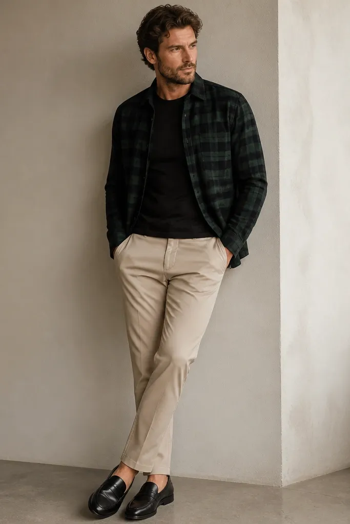 A dark green-and-black check flannel worn open over a fitted black tee, with stone beige chinos. The outfit is finished with black leather loafers; the flannel hem sits untucked and straight, creating a clean V-shape.