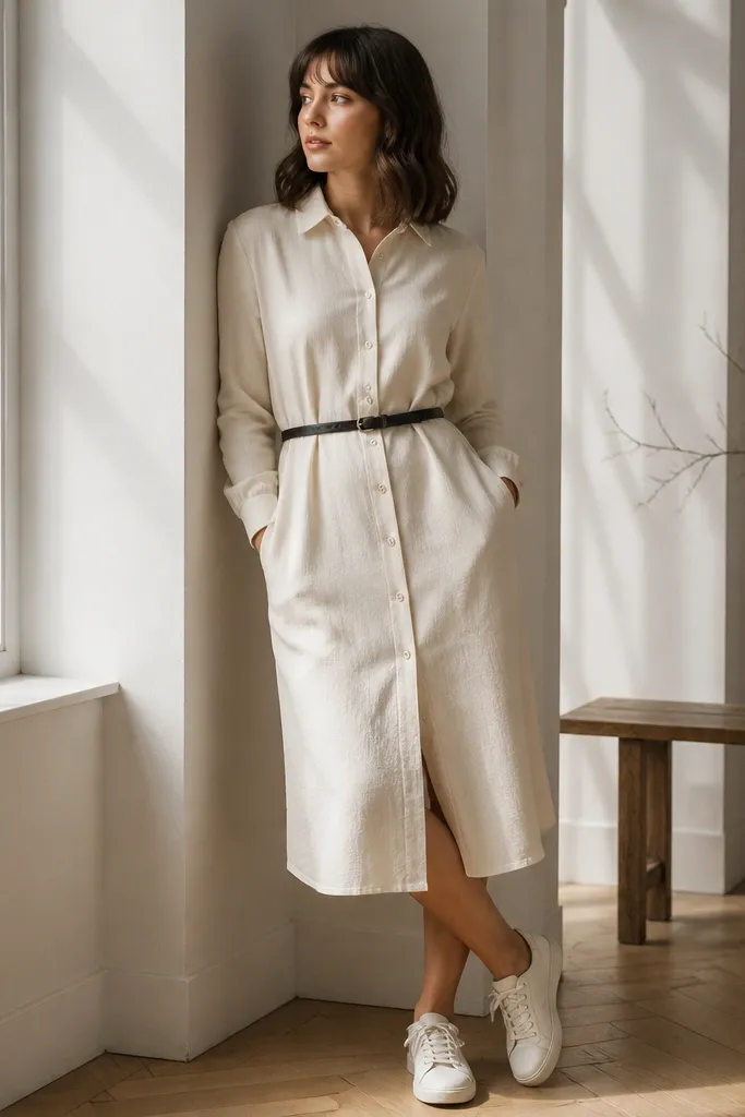 A cream flannel shirt dress with a button front and long sleeves, belted at the narrowest part of the waist with a thin black belt. The wearer pairs it with white leather sneakers and keeps the collar neatly folded.