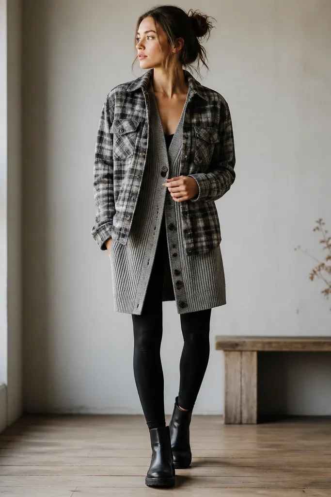 A muted gray plaid flannel worn as an open layer over a longline ribbed cardigan, with black leggings underneath. The outfit is completed with black ankle boots; the flannel hem falls near the hips.