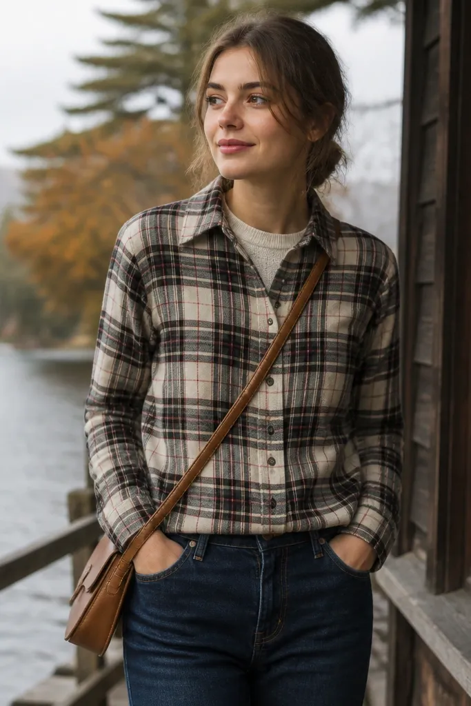 A flannel with subtle red accents worn buttoned as a lightweight top, layered over an off-white crewneck sweater. The person wears dark denim and a simple tan crossbody bag.