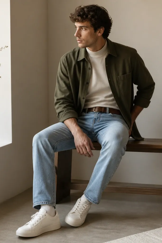 An olive flannel overshirt worn open over an ecru mock neck top, paired with light-wash straight denim. The outfit includes a brown leather belt and white sneakers; the flannel sleeves are rolled once.