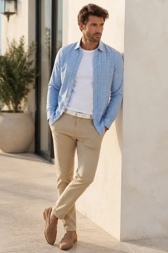 A pastel blue flannel button-up worn unbuttoned over a crisp white tee, paired with sand beige chinos. The wearer uses a white belt and tan loafers; the flannel hem sits untucked.