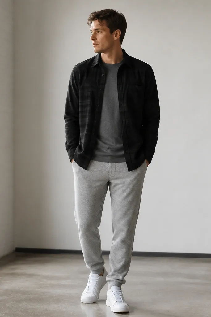 A black flannel overshirt worn open over a gray fitted tee, paired with heather gray sweatpants. The person wears clean white sneakers and keeps the overshirt hem covering the waistband without bunching.