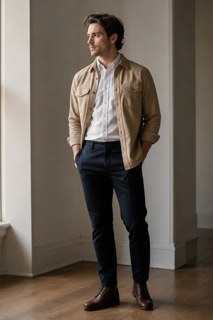 A beige flannel button-up worn open over a white oxford button-down. The collars peek out neatly, and the outfit is paired with dark navy trousers and brown leather boots.