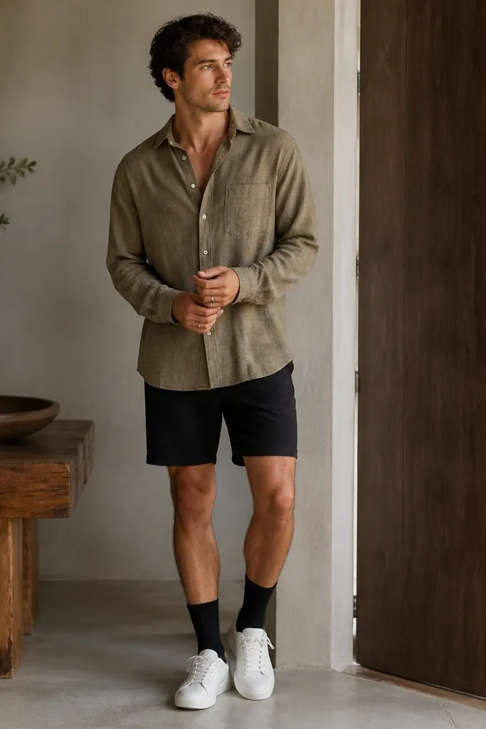 A khaki flannel worn buttoned halfway (top two buttons open), paired with black chino shorts. The wearer has black crew socks, white sneakers, and a simple silver ring; the flannel hem reaches the upper thigh.