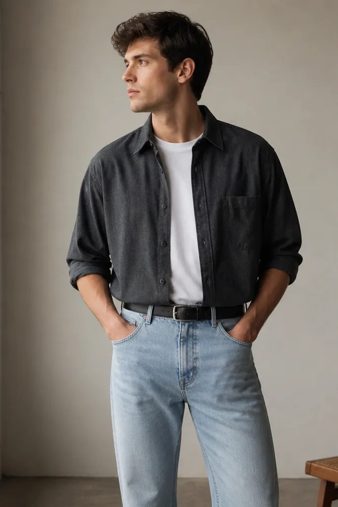 A charcoal flannel button-up worn over a white tee, with a full front tuck into light wash straight jeans. A slim black belt sits at the natural waist; the sleeves are rolled to elbow height.