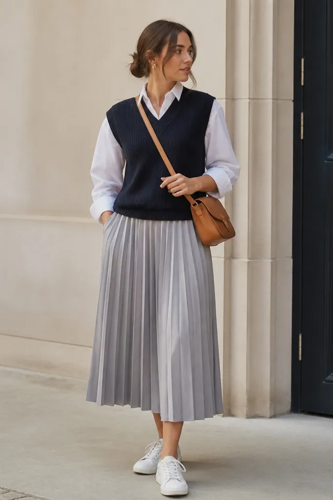 A navy sweater vest over a crisp white Oxford shirt with the collar peeking out, paired with a light-gray pleated midi skirt; the look is finished with white sneakers and a tan crossbody bag.