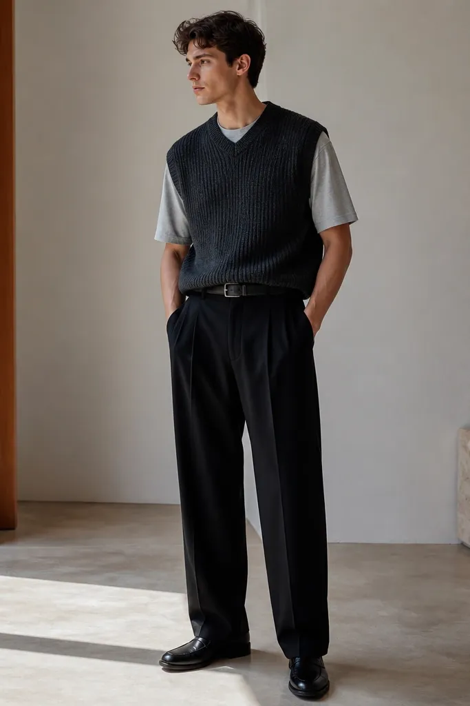 A charcoal knit sweater vest layered over a light gray crewneck tee, paired with black wide-leg trousers; the outfit includes sleek loafers and a belt.