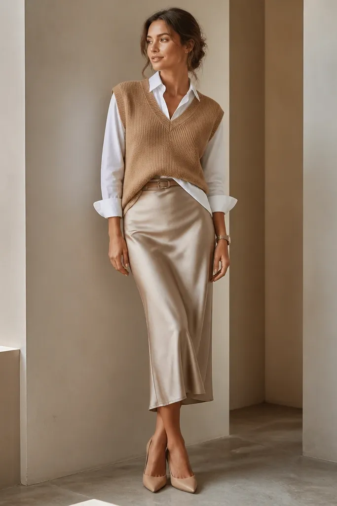 A camel sweater vest over a partially tucked white button-down shirt, styled with a belted satin midi skirt in champagne; the outfit is finished with nude heels and a slim watch.