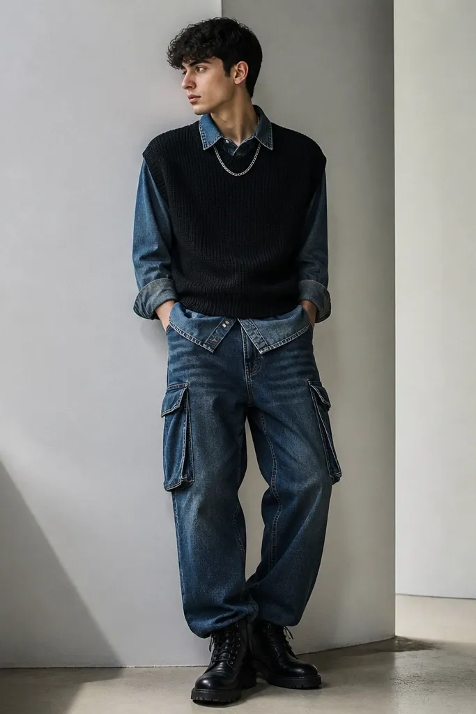 A black sweater vest over a faded blue denim button-up shirt, layered with straight-leg cargo jeans; styling includes a silver chain necklace and black combat boots.