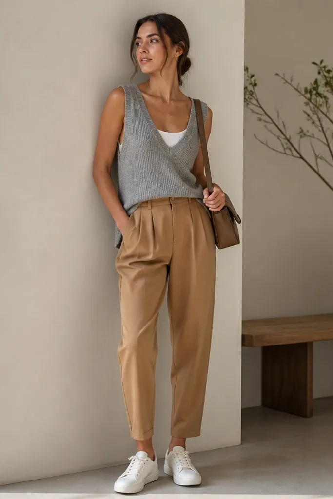 A heather gray sweater vest over a white ribbed tank, paired with camel tapered pants; the look shows white sneakers and a small structured shoulder bag.