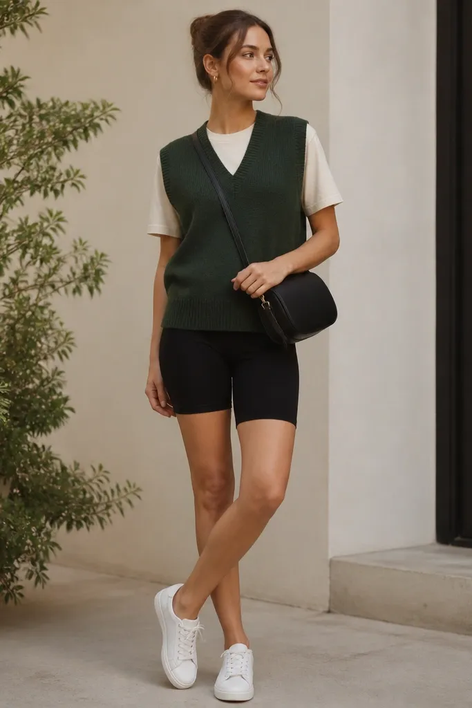 A forest green sweater vest over a cream short-sleeve tee, styled with black bike shorts and white low-top sneakers; a crossbody bag sits at the hip.