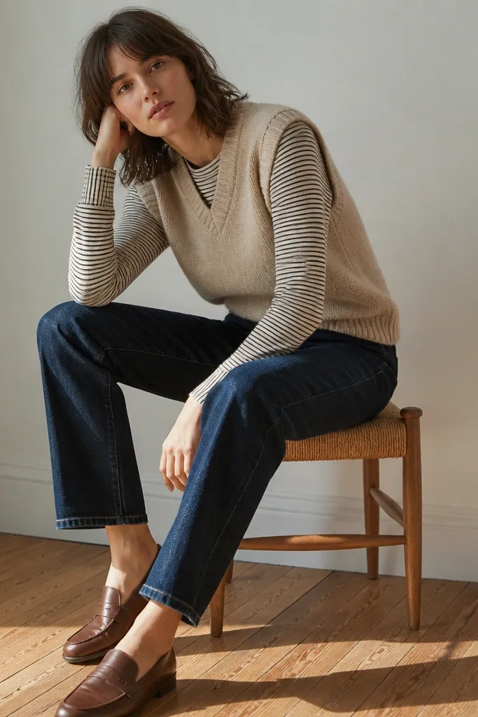 An oat-colored sweater vest over a thin striped tee (black and cream stripes), paired with dark wash straight jeans; the shoes are brown leather loafers.