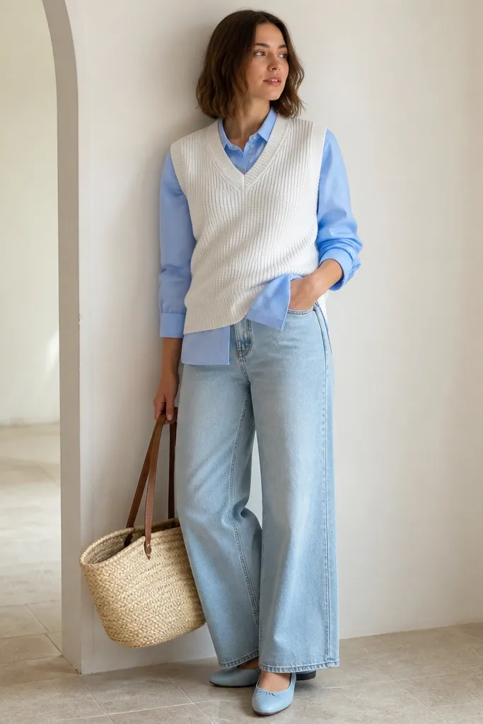 A white sweater vest layered over a pastel blue button-down shirt, paired with light wash wide-leg jeans; the outfit includes sky-blue flats and a straw tote.