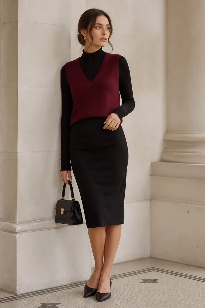 A burgundy sweater vest over a black mock-neck top, styled with a black pencil skirt; the look includes black pointed-toe flats and a structured mini bag.