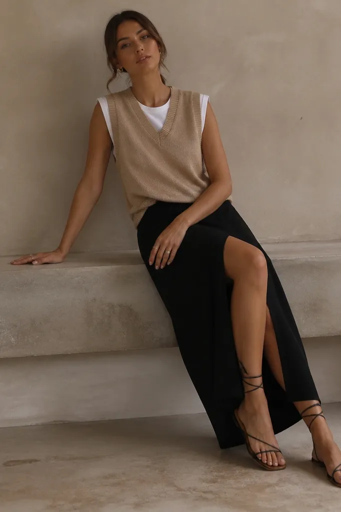 A sand sweater vest over a white muscle tee, paired with a black maxi skirt with a high slit; styling includes strappy sandals and layered rings.