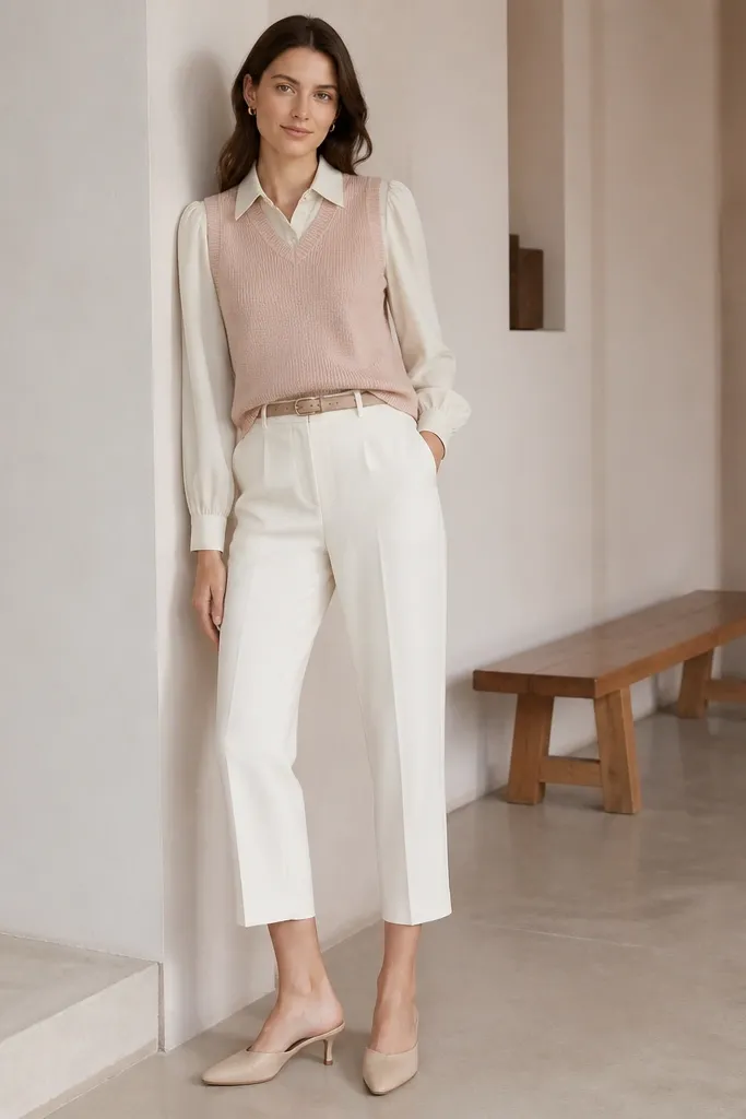 A pink-beige sweater vest over a cream blouse with subtle gathers at the shoulder, paired with cropped straight trousers in off-white; the outfit includes nude mules and a minimalist belt.