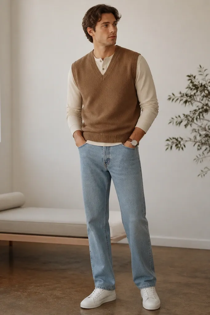 A camel-brown sweater vest over a cream henley with two visible buttons, styled with straight-leg light-wash jeans. The look is completed with white low-top sneakers and a simple wristwatch.
