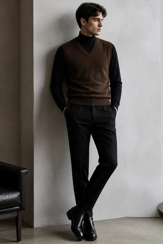 An espresso-brown V-neck sweater vest layered over a fitted black turtleneck. The outfit includes tapered black trousers and glossy black Chelsea boots. The photo shows a clean, monochrome-leaning silhouette with only the vest adding warmth.