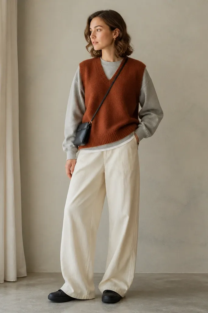A rust-brown sweater vest over a heather gray crewneck sweatshirt, styled with wide-leg off-white trousers. The outfit is paired with minimal black sneakers and a small crossbody bag.