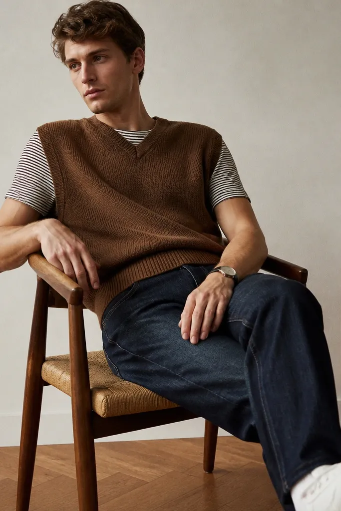 A saddle-brown sweater vest over a black-and-cream micro-striped tee. Dark indigo jeans sit at the waist, and the look is finished with white sneakers and a black leather watch band.